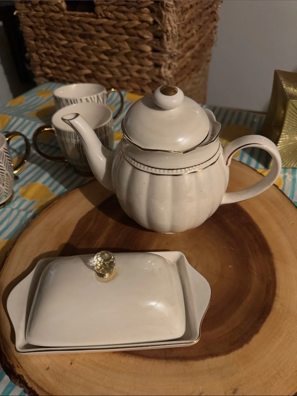 White Ceramic Teapot and Butter Dish Set with Gold Trim - Home Dining